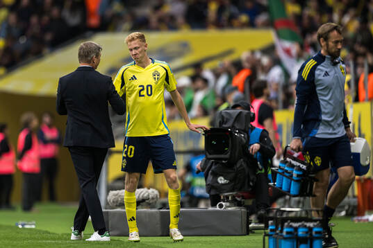 Head coach Jon Dahl Tomasson and Hugo Larsson of Sweden