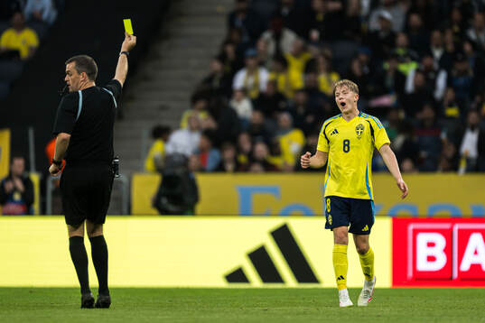Referee Robert Harvey and Daniel Svensson of Sweden