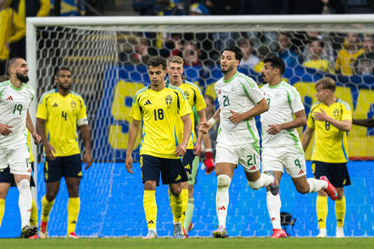 Yasin Ayari of Sweden looks dejected and Ramy Bensebaini of
