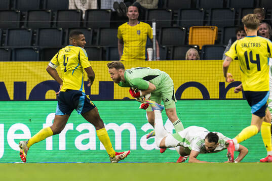 Isak Hien and goalkeeper Viktor Johansson of Sweden