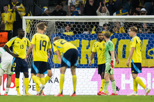 Isak Hien and goalkeeper Viktor Johansson of Sweden