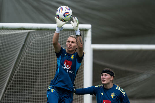 Goalkeeper Jennifer Falk and Goalkeeper Tove Enblom of the