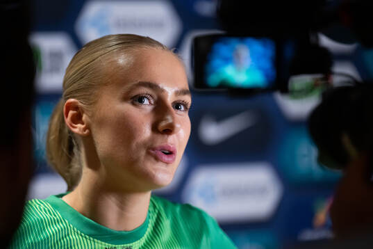 Goalkeeper Selma Panengstuen of Norway in mixed zone