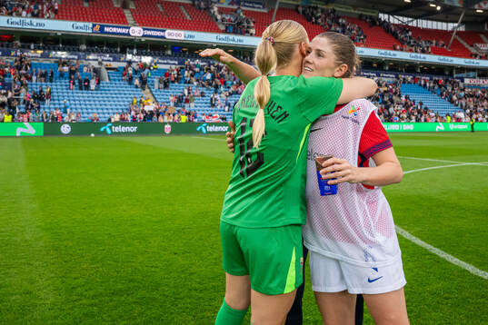 Goalkeeper Selma Panengstuen and Maren Mjelde of Norway