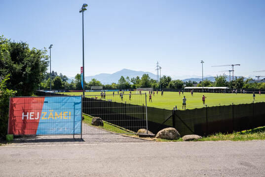 General view of the pitch at a training session with the