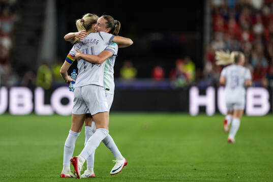 Ada Hegerberg and Caroline Graham Hansen of Norway celebrate