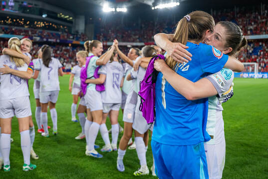 Goalkeeper Cecilie Fiskerstrand and Maren Mjelde of Norway