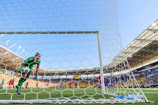 Goalkeeper Maja Bay Østergaard of Denmark looks dejected