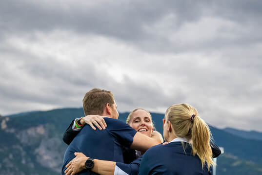Gemma Grainger, head coach of Norway, celebrates with staff