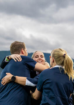 Gemma Grainger, head coach of Norway, celebrates with staff