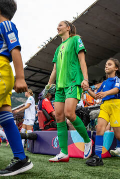 Goalkeeper Cecilie Fiskerstrand of Norway enters the pitch