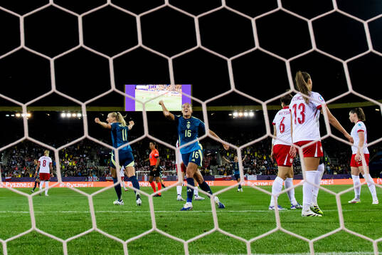 Filippa Angeldahl and Stina Blackstenius of Sweden celebrate