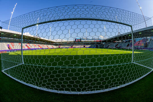 General view of a goal in Stockhorn Arena (Thun Arena)
