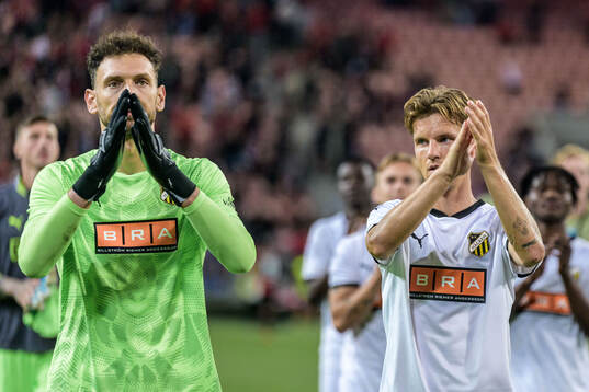 Goalkeeper Etrit Berisha and Samuel Leach Holm of Häcken