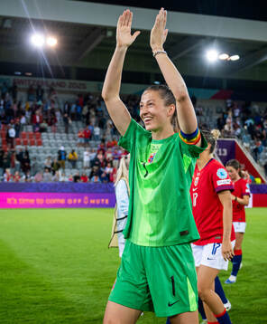 Goalkeeper Cecilie Fiskerstrand of Norway celebrates