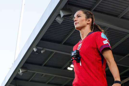 Tuva Hansen of Norway enters the pitch wearing a GoPro