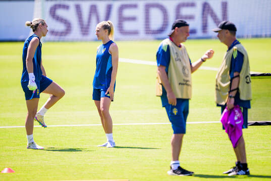 Goalkeeper Jennifer Falk and Rebecka Blomqvist of the