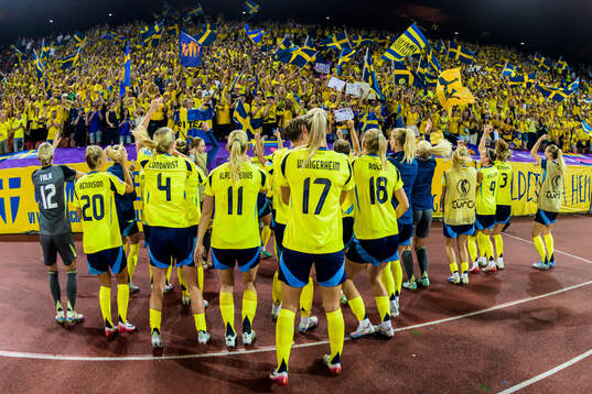 Players of Sweden celebrates with supporters
