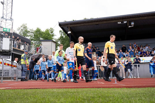 Domarna och lagen kommer in till match