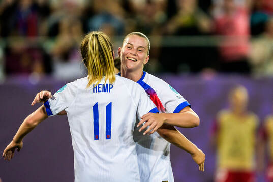 Alessia Russo and Lauren Hemp of England celebrates
