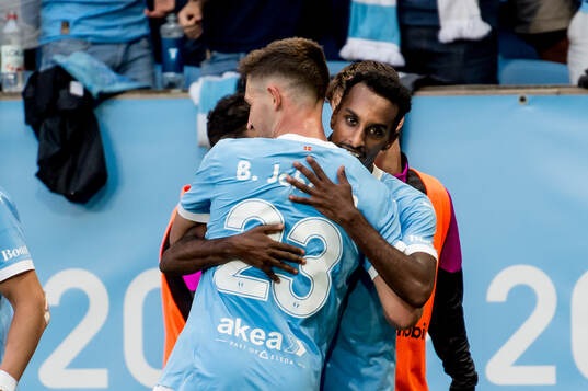 Taha Ali of Malmö FF celebrate with Lasse Berg Johnsen of
