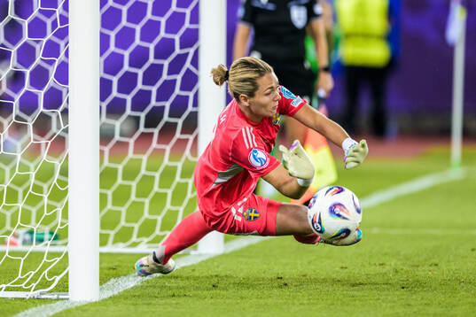 Goalkeeper Jennifer Falk of Sweden with a save