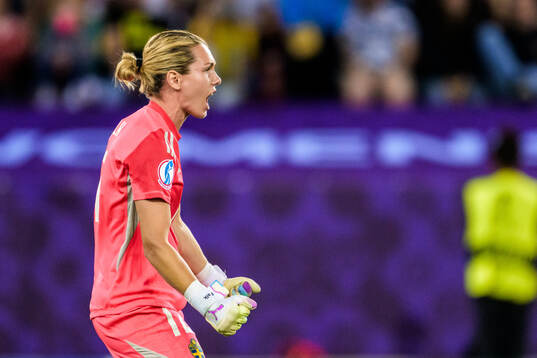 Goalkeeper Jennifer Falk of Sweden celebrates
