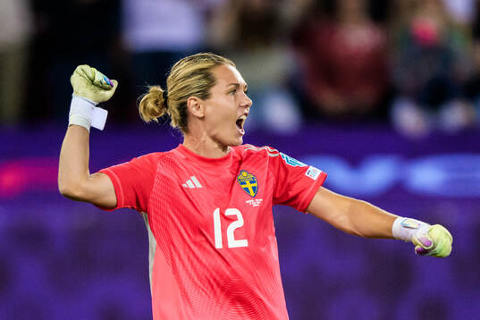 Goalkeeper Jennifer Falk of Sweden celebrates