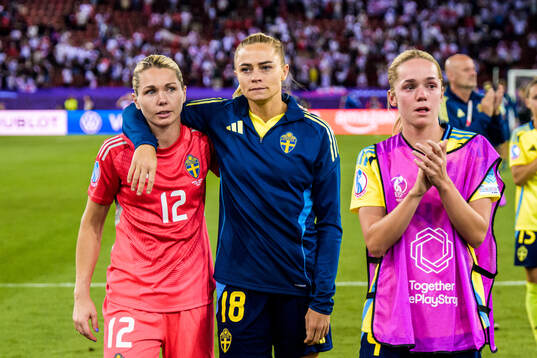 Goalkeeper Jennifer Falk and Fridolina Rolfö of Sweden