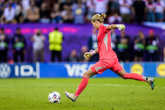Goalkeeper Jennifer Falk of Sweden with a penalty kick