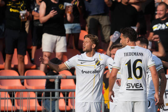 Anton Saletros and Bersant Celina of AIK celebrate the 0-1