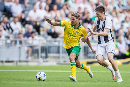 Markus Karlsson of Hammarby and Jakob Romsaas of Charleroi