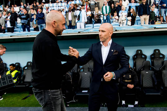 Head coach Viktors Morozs of FK RFS and head coach Henrik