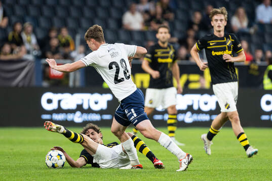 Taha Ayari of AIK and Oskar Hoim of Paide Linnameeskond
