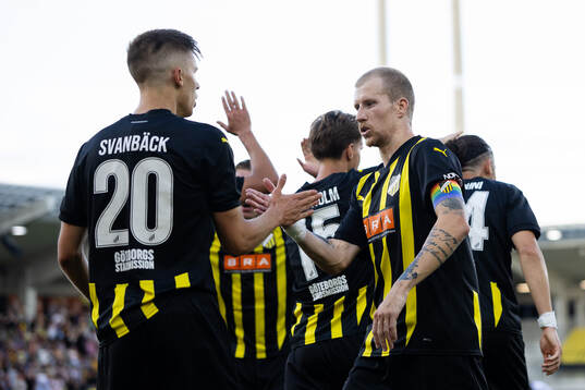 Adrian Svanbäck of Häcken celebrates with Simon Gustafson