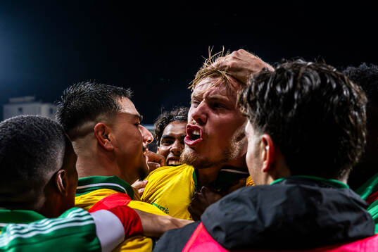 Jusef Erabi and Victor Eriksson of Hammarby celebrate the