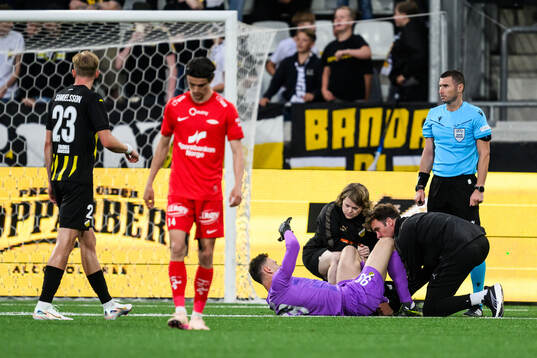 Goalkeeper Etrit Berisha of Häcken receives medical