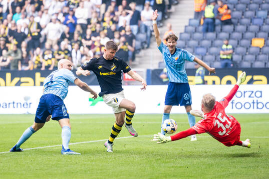 AIKs Mads Døhr Thychosen och Djurgårdens målvakt Jacob