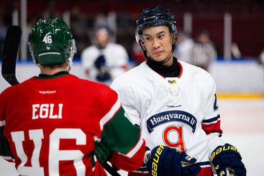 Frölundas Dominik Egli och HV71s Jonathan Ang