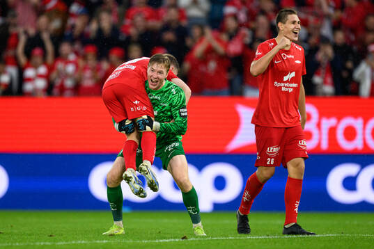Goalkeeper Mathias Dyngeland and Eiving Helland of Brann