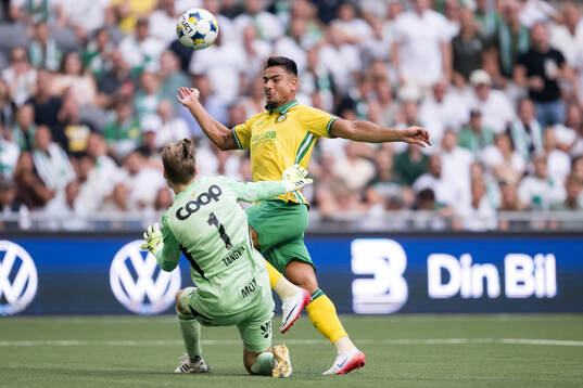 Goalkeeper Sander Tangvik of Rosenborg and Jusef Erabi of