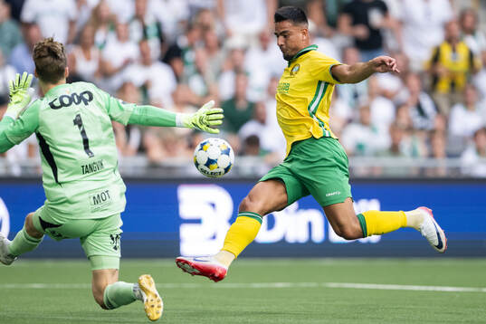 Goalkeeper Sander Tangvik of Rosenborg and Jusef Erabi of