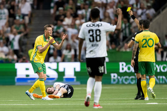 Frederik Winther of Hammarby receives a yellow card