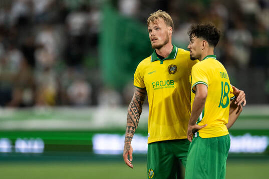 Victor Eriksson and Sebastian Tounekti of Hammarby look