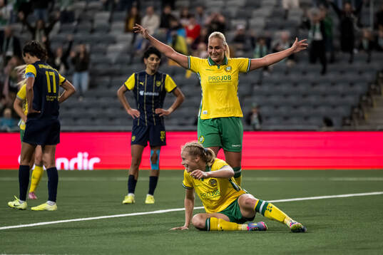 Julie Blakstad and Cathinka Tandberg of Hammarby celebrate