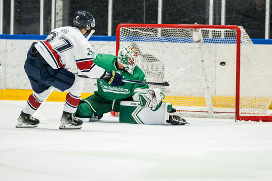HV71s Jonathan Ang och Rögles målvakt Arvid Holm
