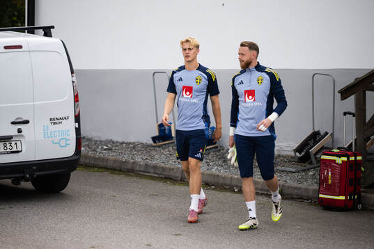 Lucas Bergvall and goalkeeper Viktor Johansson of the