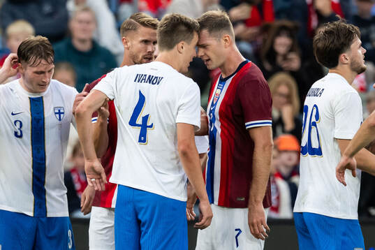 Robert Ivanov of Finland and Alexander Sørloth of Norway