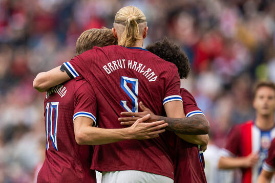 Erling Braut Haaland of Norway celebrates with teammates