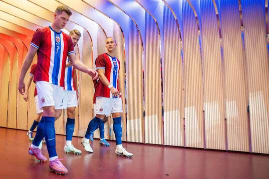Alexander Sørloth and Leo Østigård of Norway at half-time